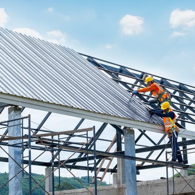 Working at height equipment.Construction worker wearing safety h